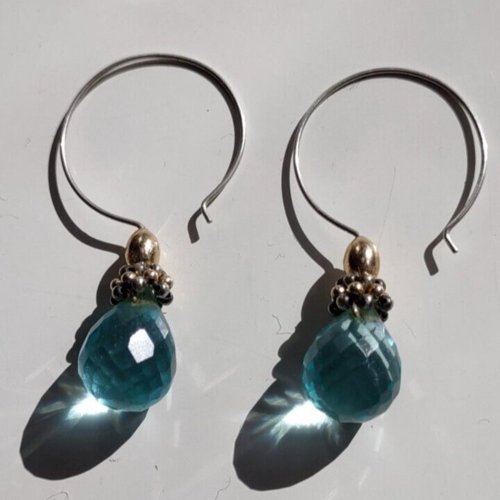 Teardrop Cut Aqua Glass Silver Hoop Dangle Earrings Approximately 2" tall - Picture 2 of 7